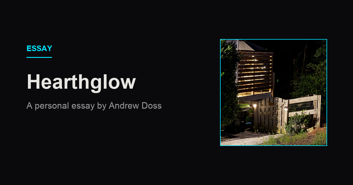 Essay: Hearthglow, shown beside a photograph of warm light glowing through the slats of a wall at night