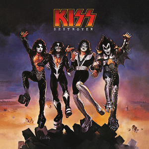 KISS Destroyer album cover, a painting of the four band members in makeup standing amid rubble