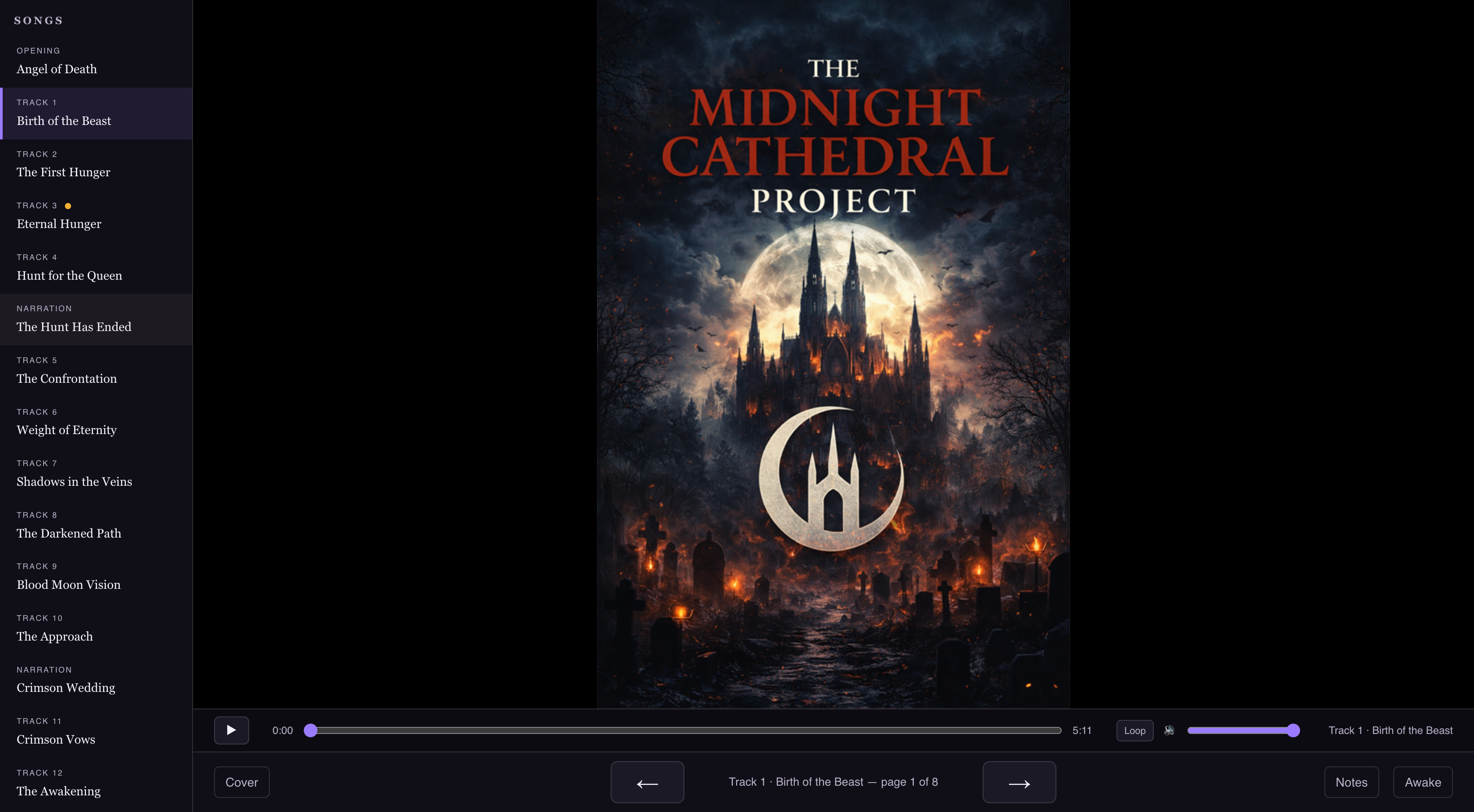 The Midnight Cathedral Project cover art — a burning gothic cathedral beneath a full moon, with the band's crescent-and-spire emblem below