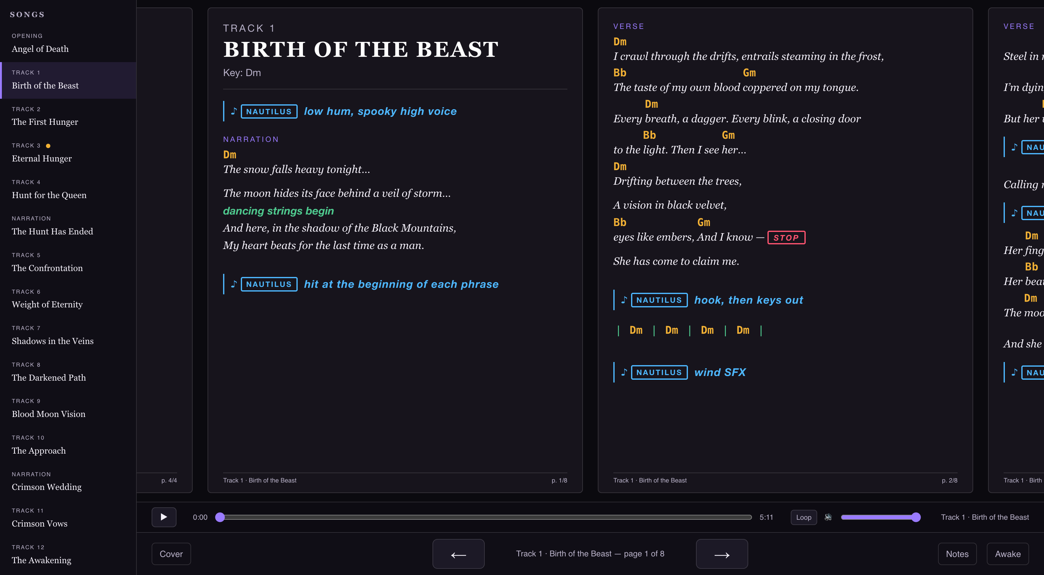 The Midnight Cathedral Songbook app running in a browser — a dark two-page lead-sheet view with color-coded chords, section markers, and keyboard cues, a song list down the left, and a transport bar with play, loop, Notes, Cover, and Awake controls